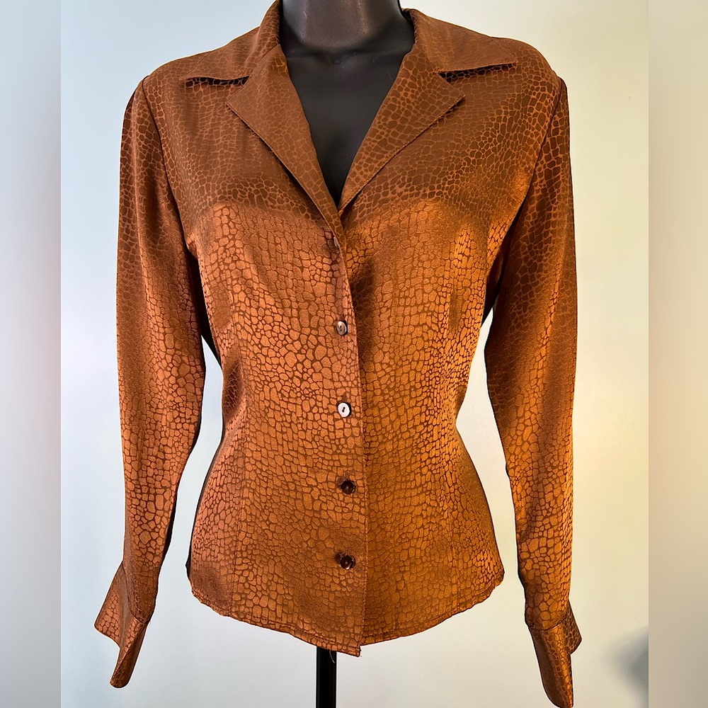 Sz8 Talbots Silk Button Collared Blouse Bronze Animal Inspired EUC